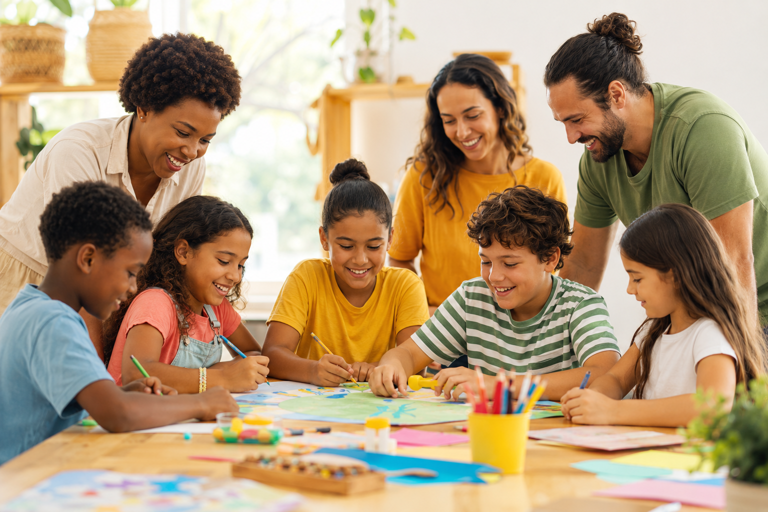 Crianças e adultos realizando uma atividade educativa juntos